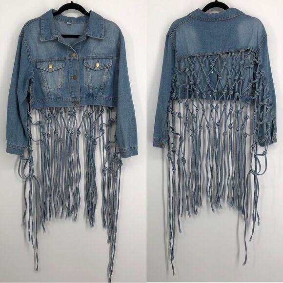 Western Braid Back Crop Denim Jacket Womens M - Picture 1 of 8